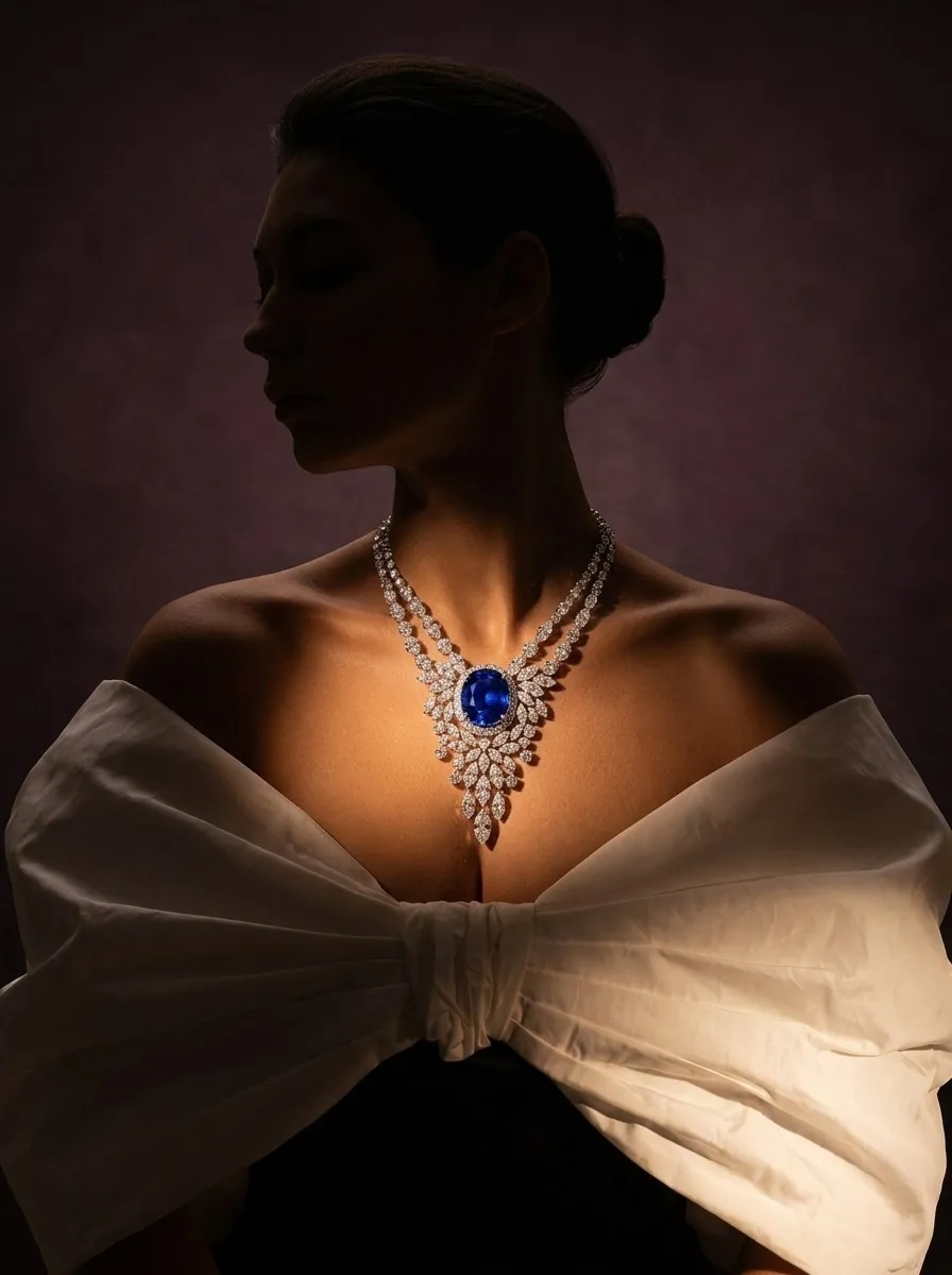 A sapphire necklace lit against a dark ivory bow