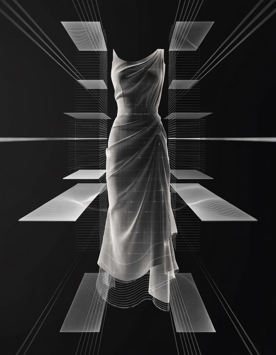 Generated lookbook frames cycling: a wireframe gown, a white suit in a boat, a burgundy bag, a sequin dress