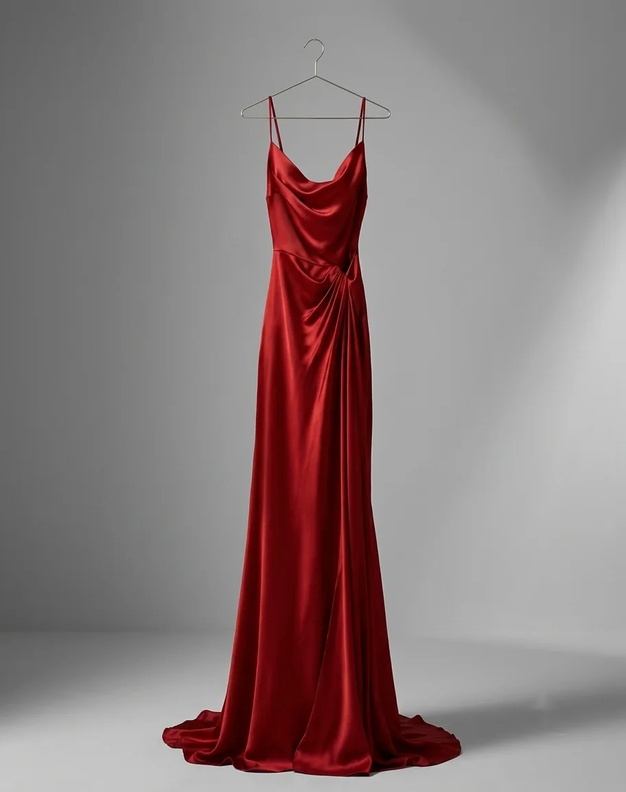 A red satin gown on a hanger in an empty grey studio