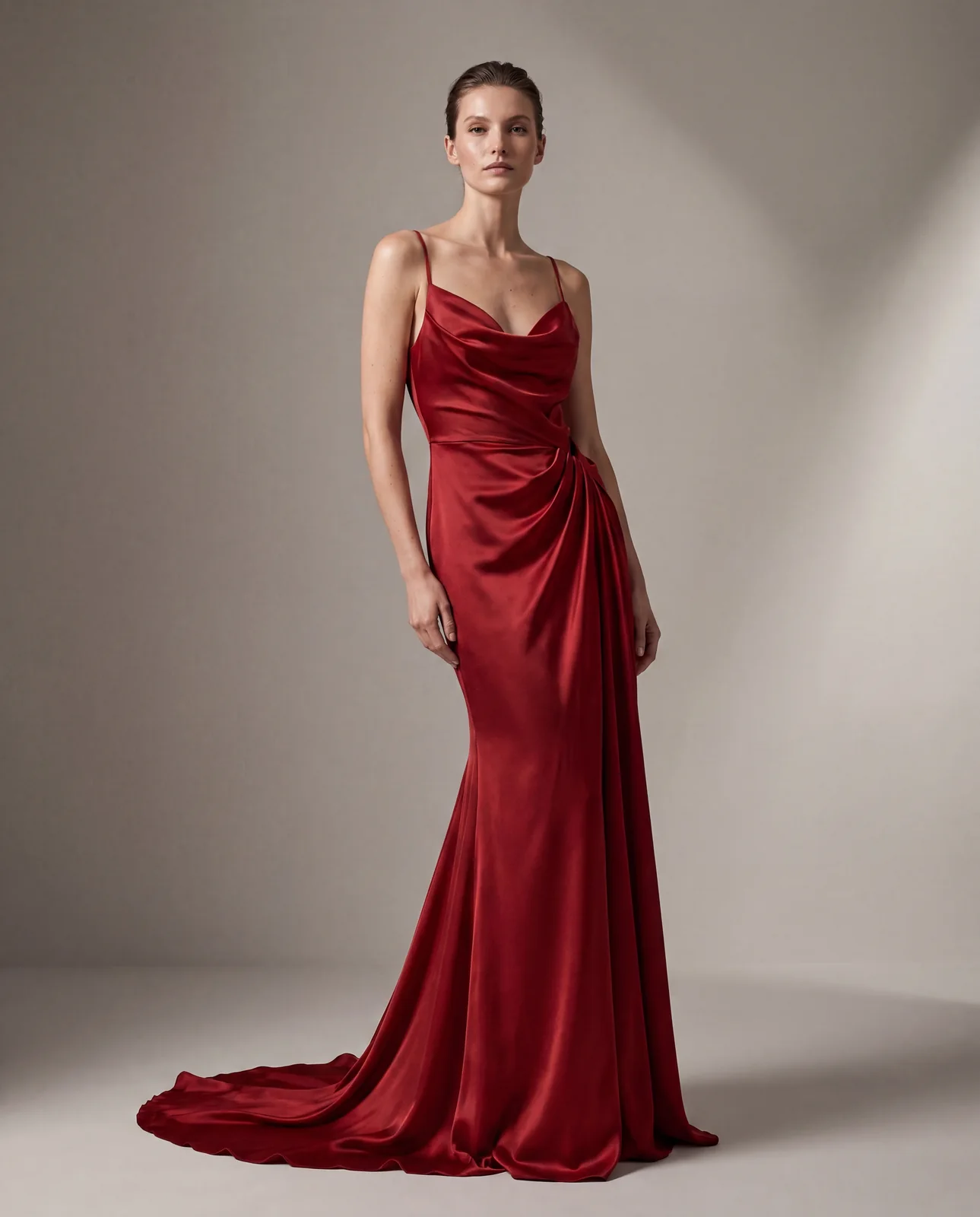 The same red satin gown worn by a generated model in the studio