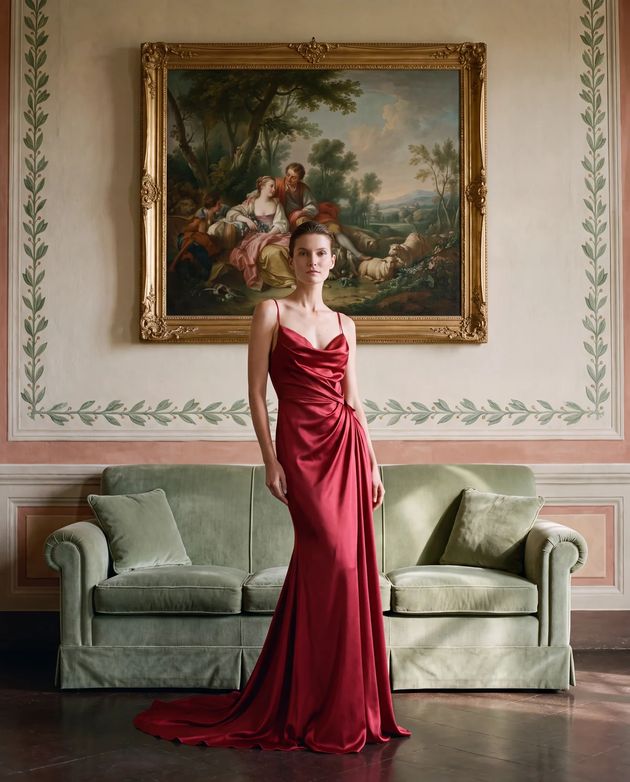 The model in the red gown standing in a frescoed palazzo salon
