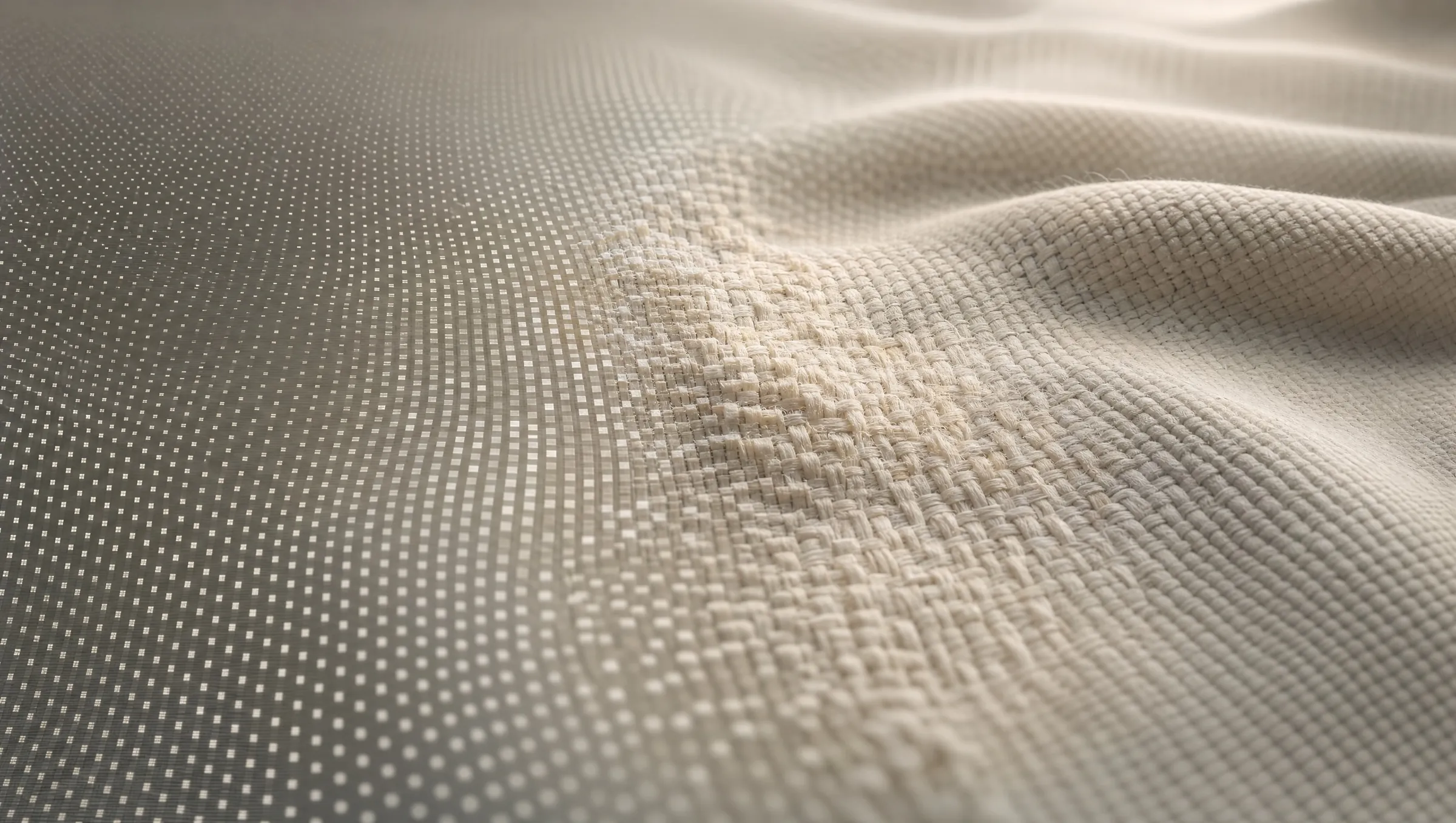 Macro view of ivory fabric with a raised dotted weave