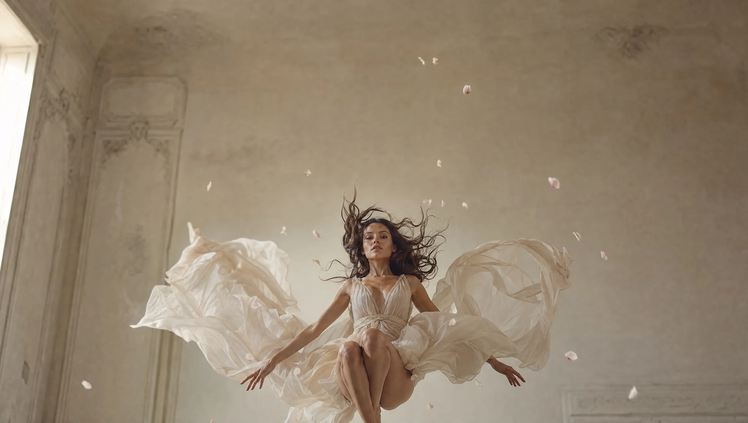 A dancer in flowing ivory silk suspended mid-air in a bare room