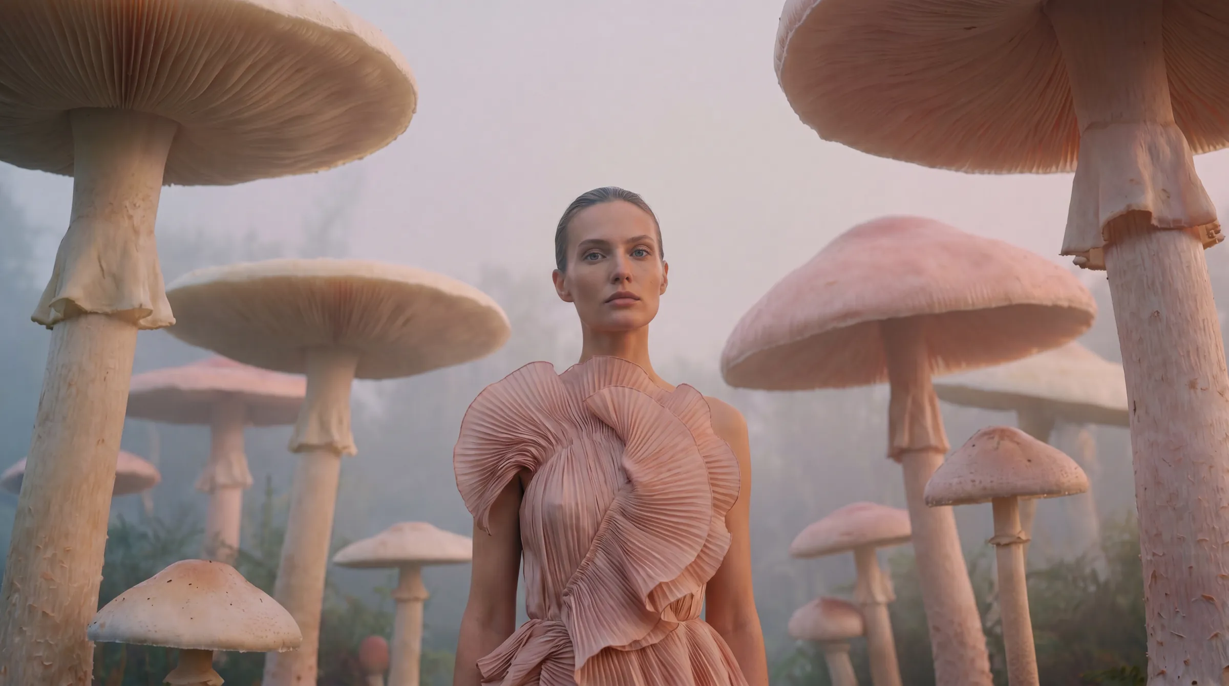A model in blush ruffles among giant pink mushrooms in the mist