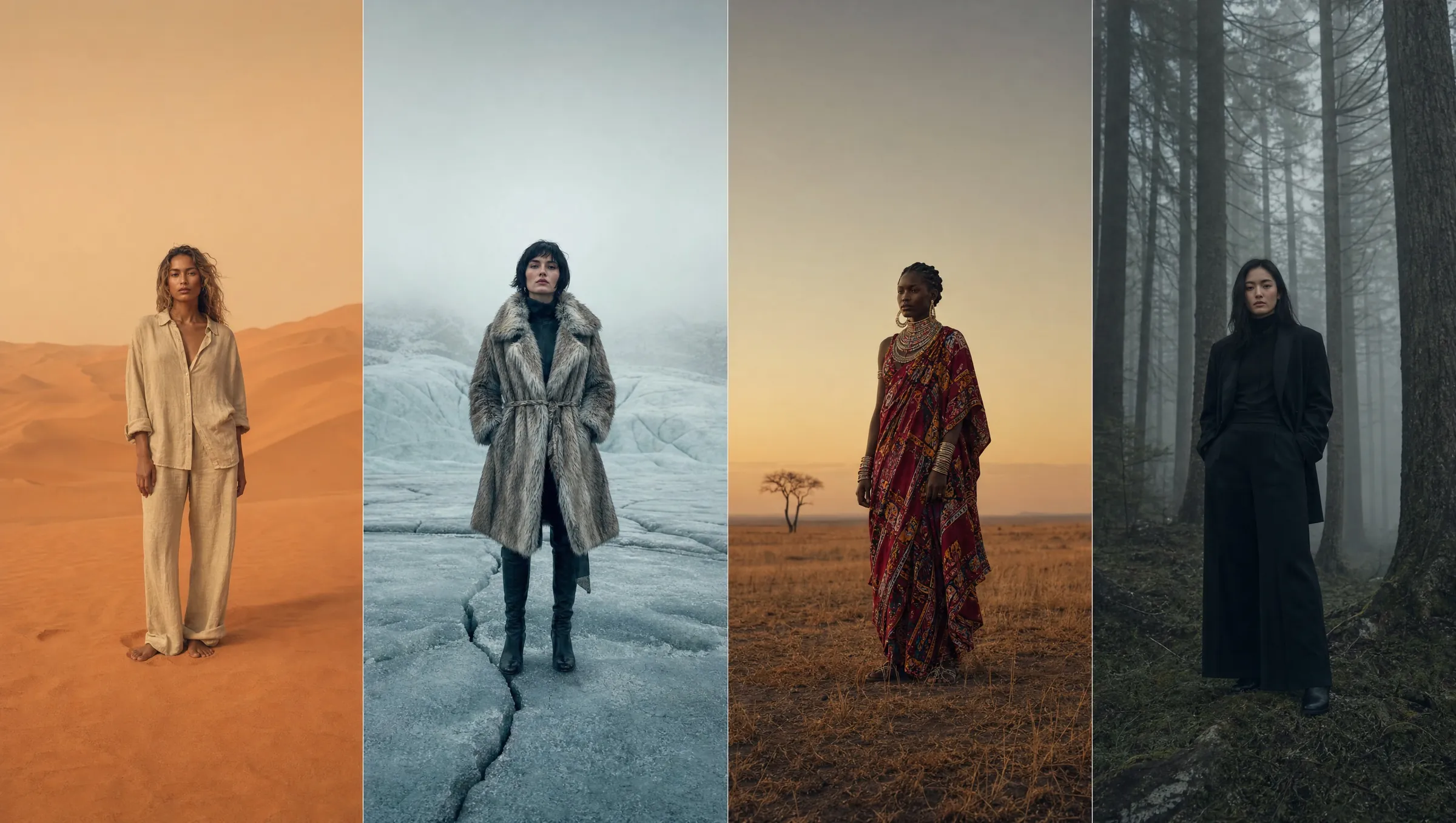 Four models walking through desert, ice, savanna and forest