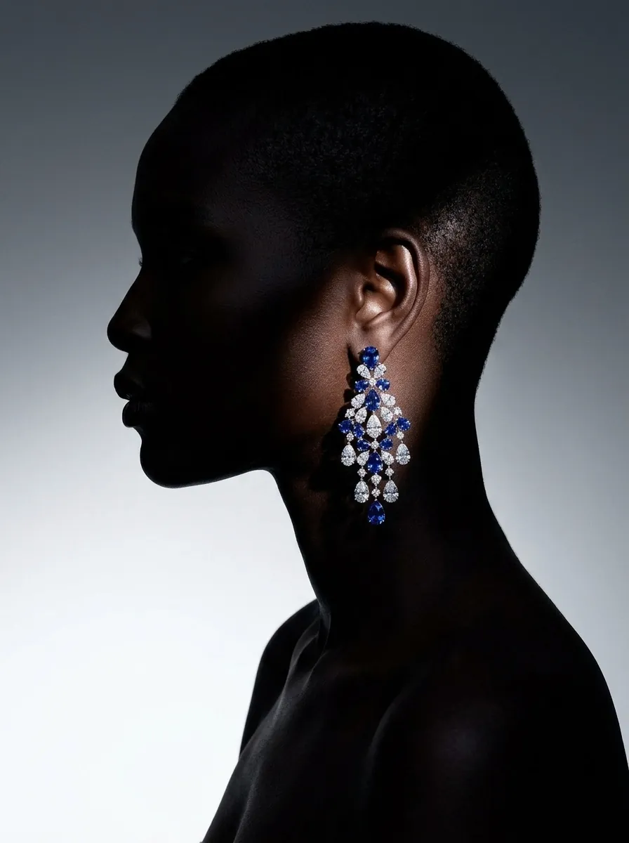 A sapphire chandelier earring in silhouette