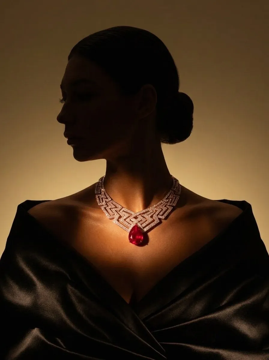A ruby pendant glowing on a dark velvet neckline