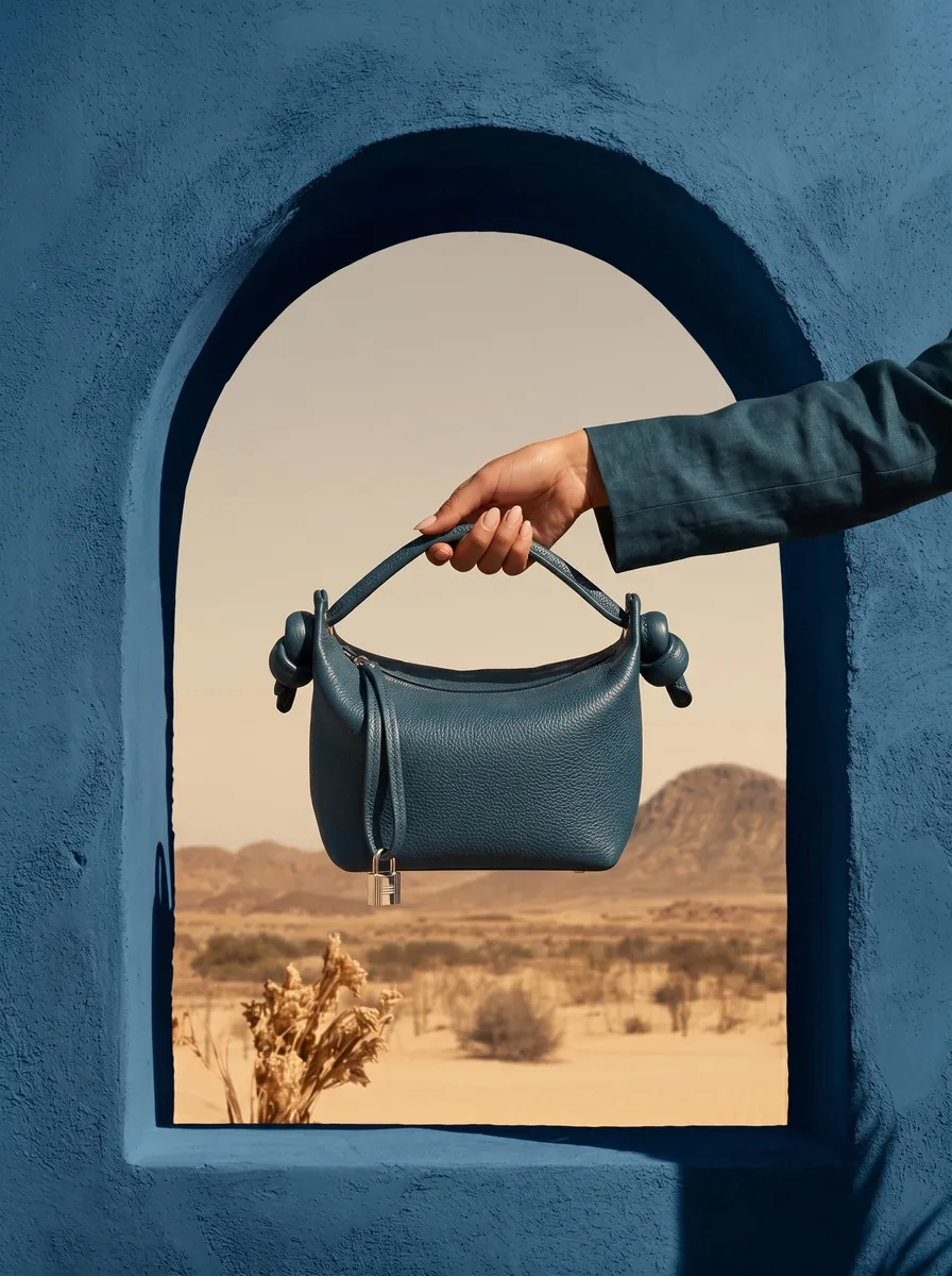 The blue bag held through a desert window