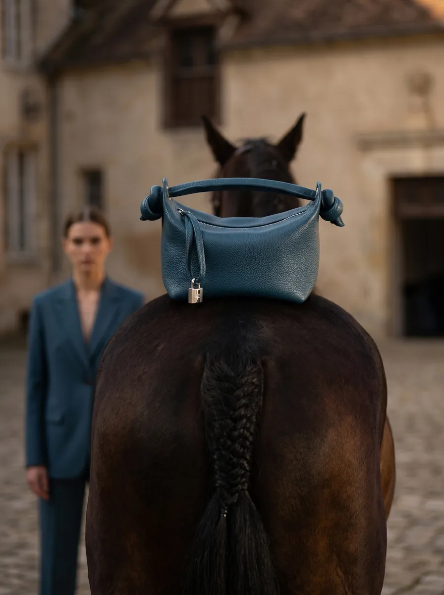 The blue bag resting on a horse’s back in a courtyard