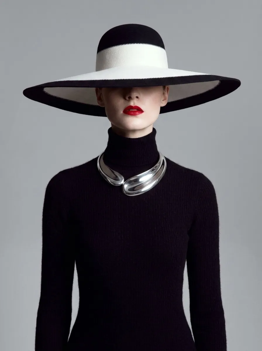 A wide black-and-white hat over a black knit