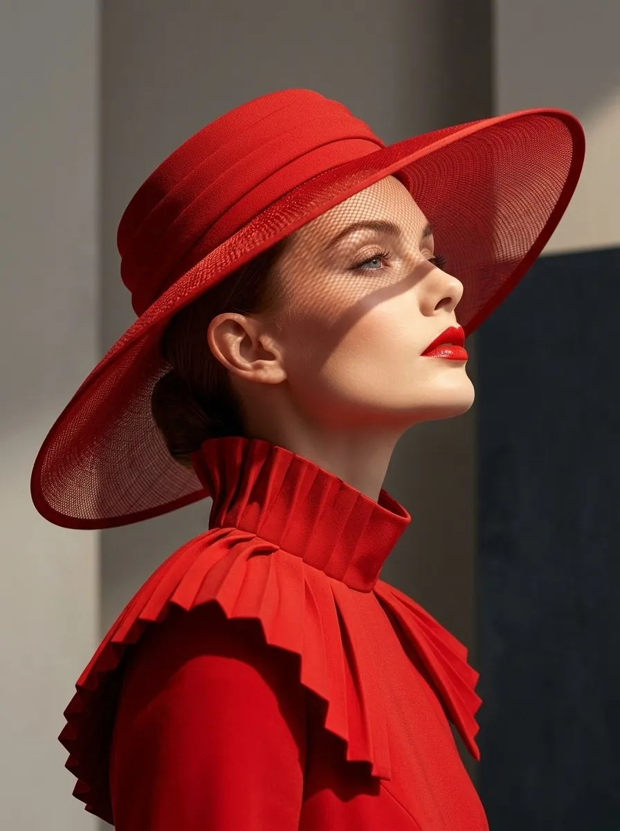 A red wide-brim hat with a pleated red collar
