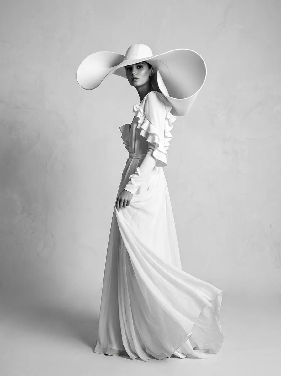 A white wide-brim hat with a flowing white gown