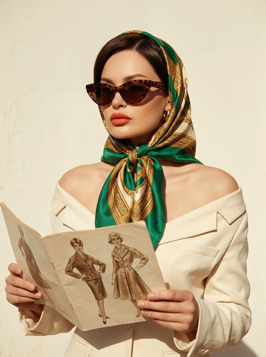 Cat-eye sunglasses with a silk headscarf