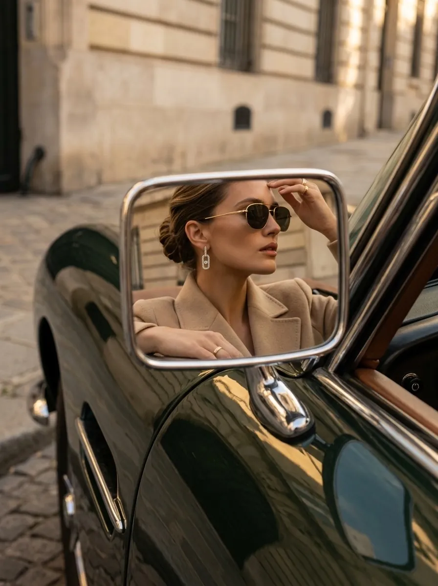Sunglasses reflected in a car mirror