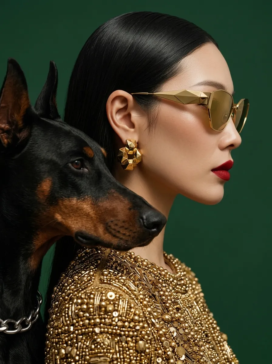 Gold sunglasses beside a doberman